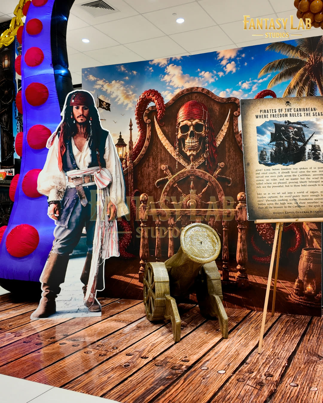 Character standee in a themed set