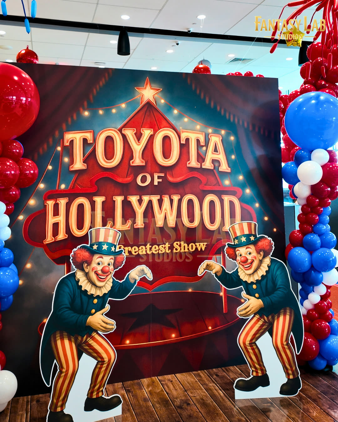 Custom standees: circus characters with event sign by Fantasy Lab Studios