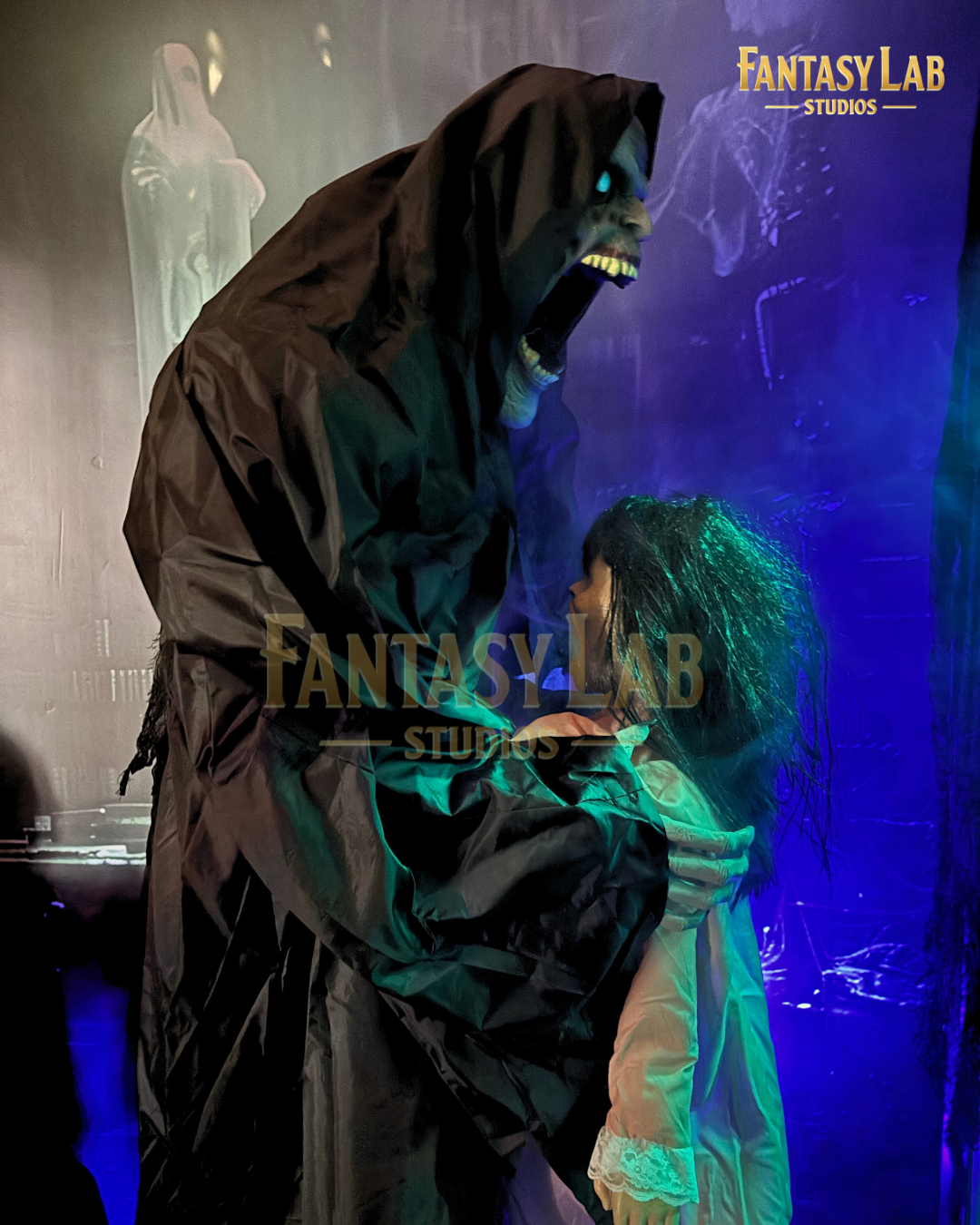Hooded reaper figure looming over a doll in a cinematic, foggy vignette.